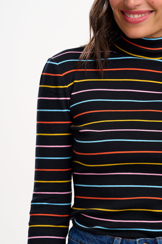 Emmy Turtleneck Jersey Rib Top - Black/Multi, Autumn Rainbow Stripe