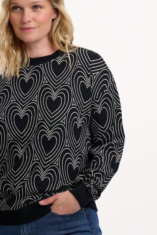 Gerri Jersey Jacquard Top - Black/Off White, Heart Explosion
