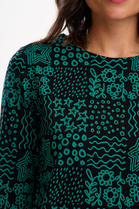 Noor Jersey Top - Black/Green, Doodle Checkerboard