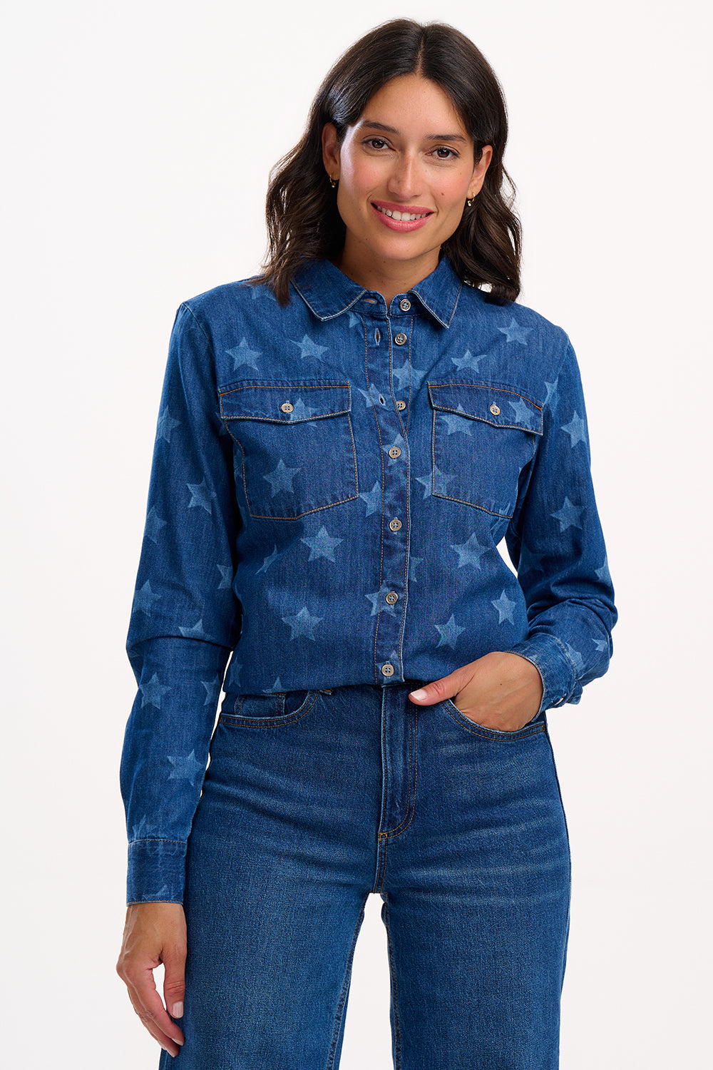 Alexia Shirt - Mid Blue Denim, Bleached Stars
