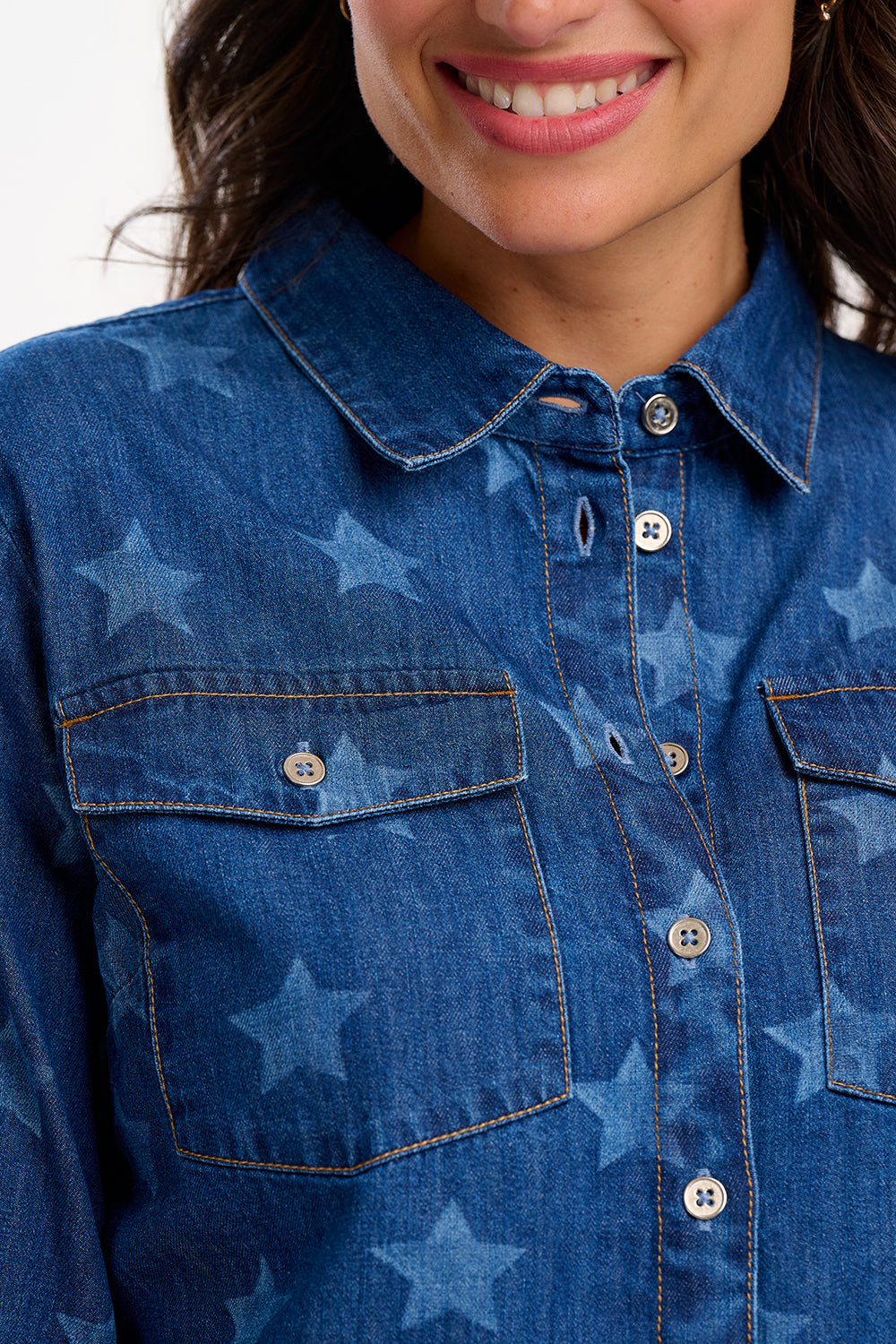 Alexia Shirt - Mid Blue Denim, Bleached Stars