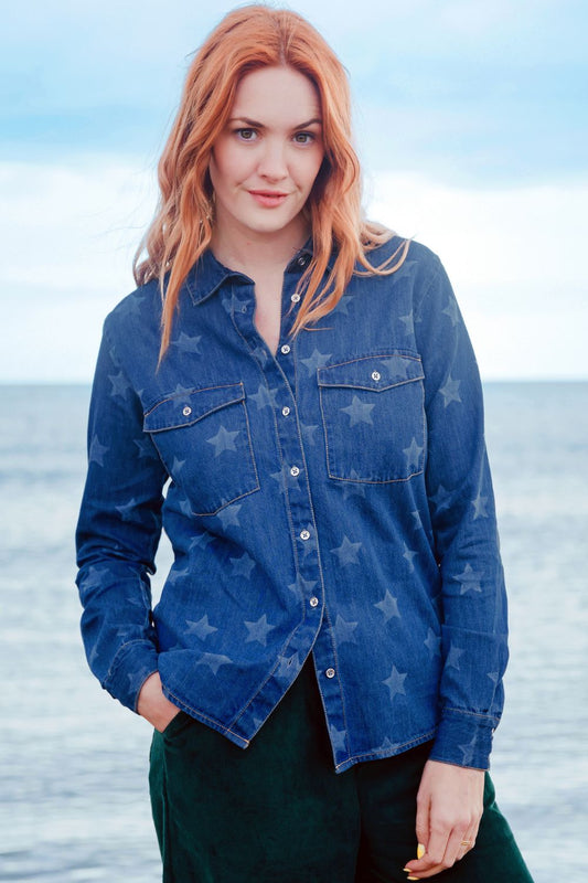 Alexia Shirt - Mid Blue Denim, Bleached Stars