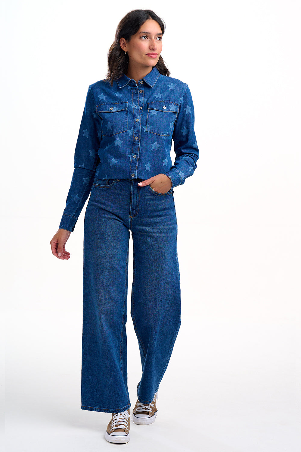 Alexia Shirt - Mid Blue Denim, Bleached Stars