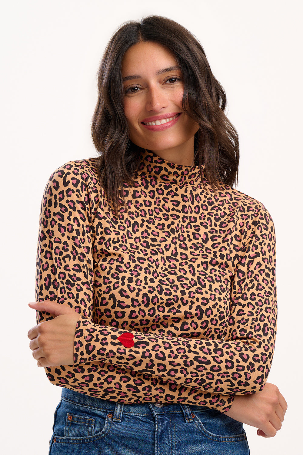 Annika Turtleneck Jersey Top - Tan, Classic Leopard, Heart