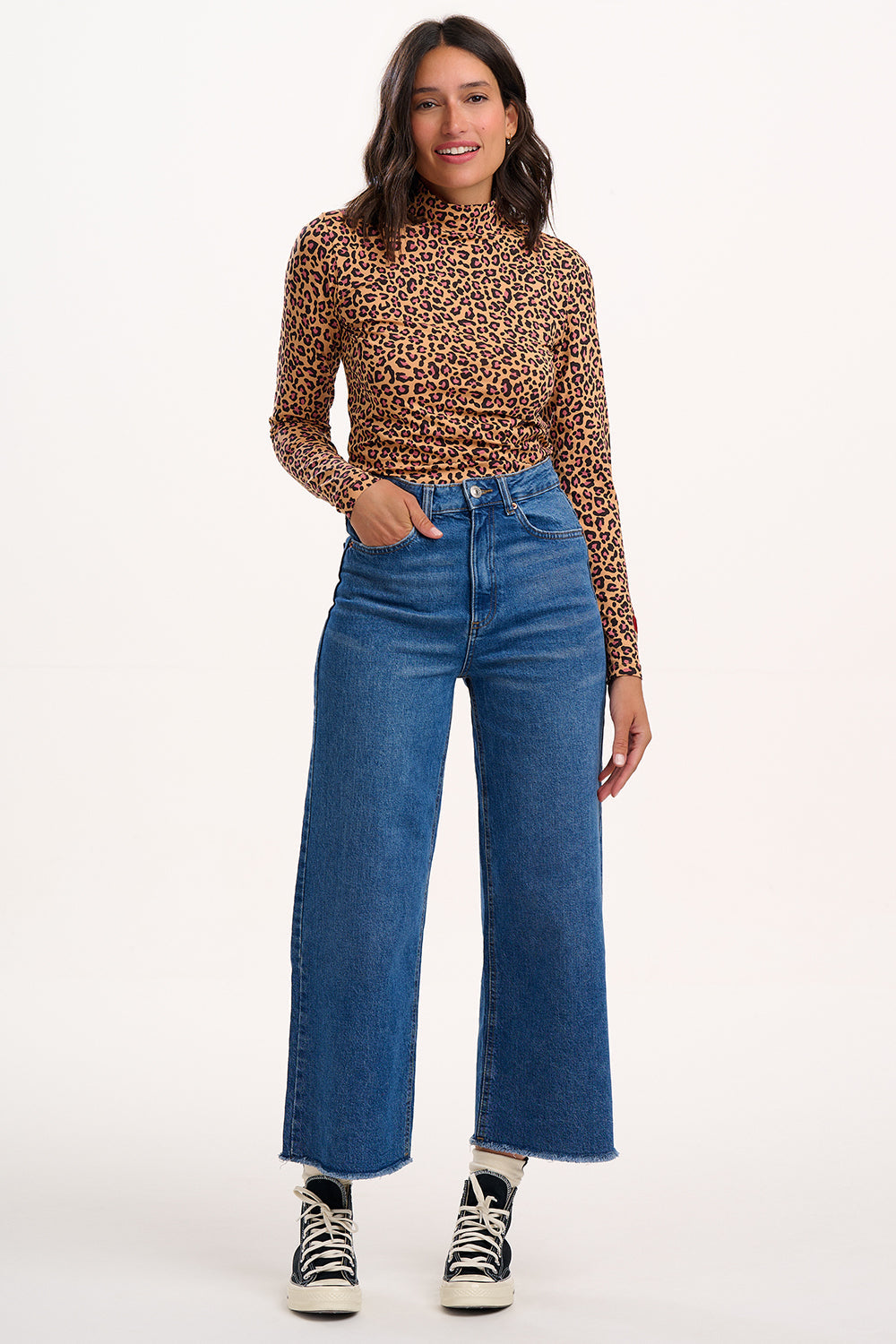 Annika Turtleneck Jersey Top - Tan, Classic Leopard, Heart