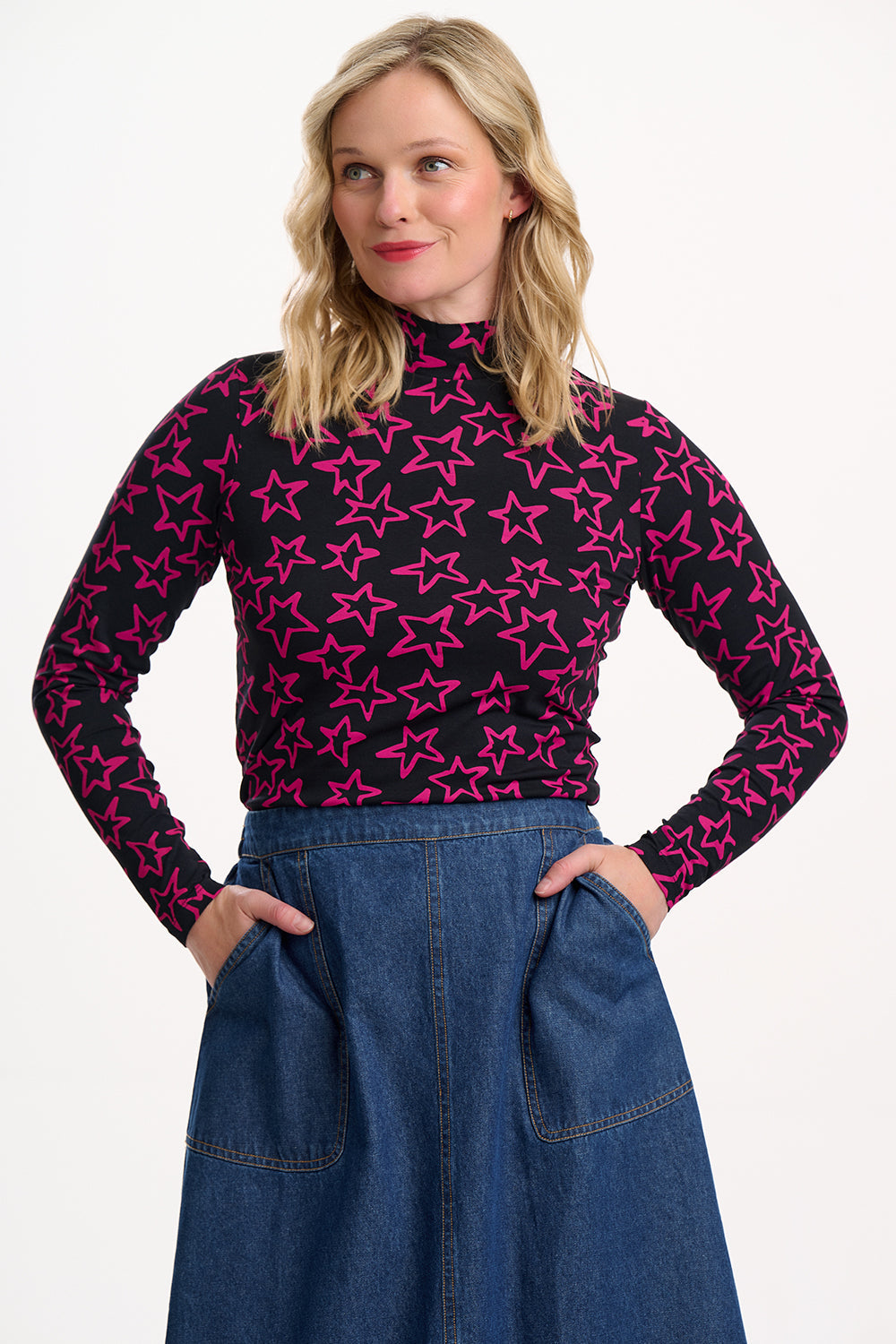 Annika Turtleneck Jersey Top - Black/Pink, Doodle Stars