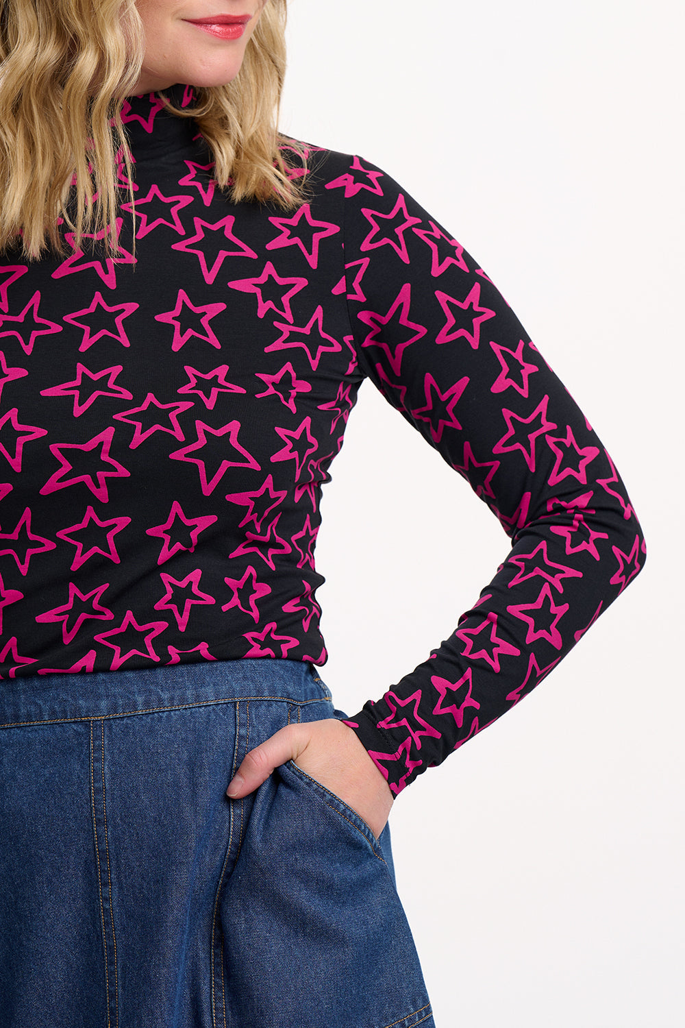 Annika Turtleneck Jersey Top - Black/Pink, Doodle Stars