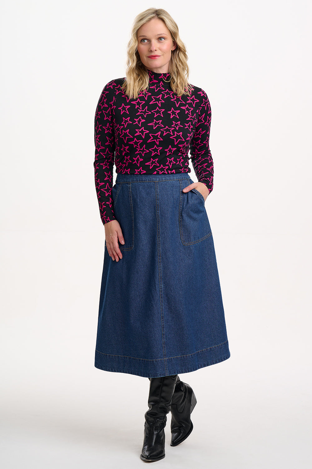 Annika Turtleneck Jersey Top - Black/Pink, Doodle Stars