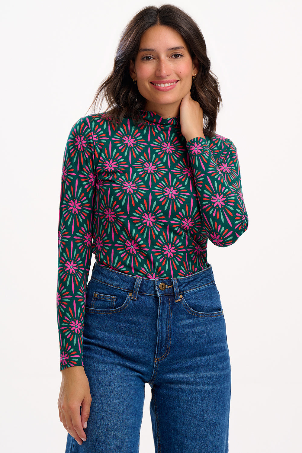 Annika Turtleneck Jersey Top - Green/Multi, Flower Explosion
