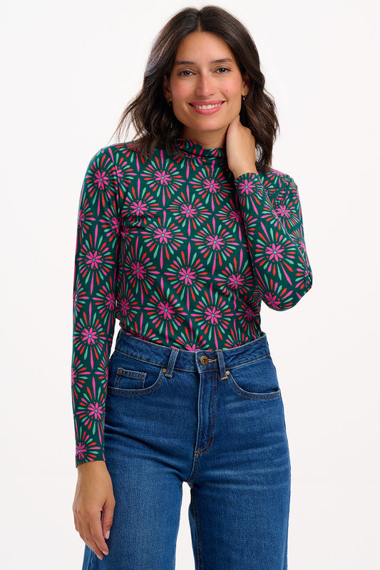 Annika Turtleneck Jersey Top - Green/Multi, Flower Explosion
