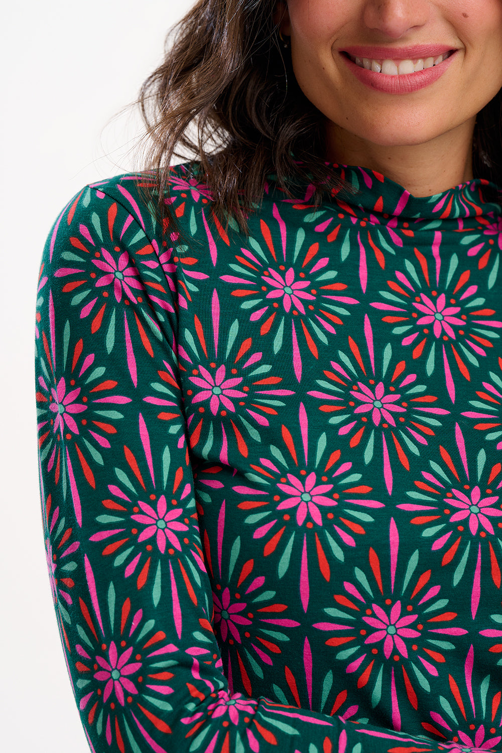 Annika Turtleneck Jersey Top - Green/Multi, Flower Explosion