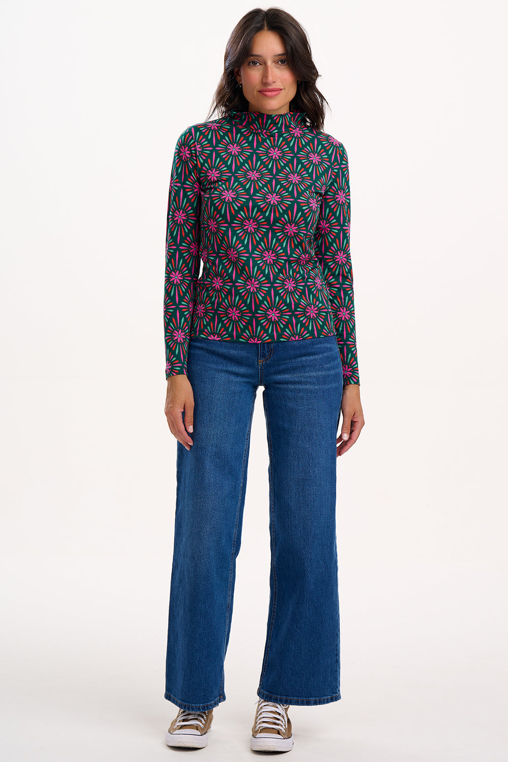 Annika Turtleneck Jersey Top - Green/Multi, Flower Explosion