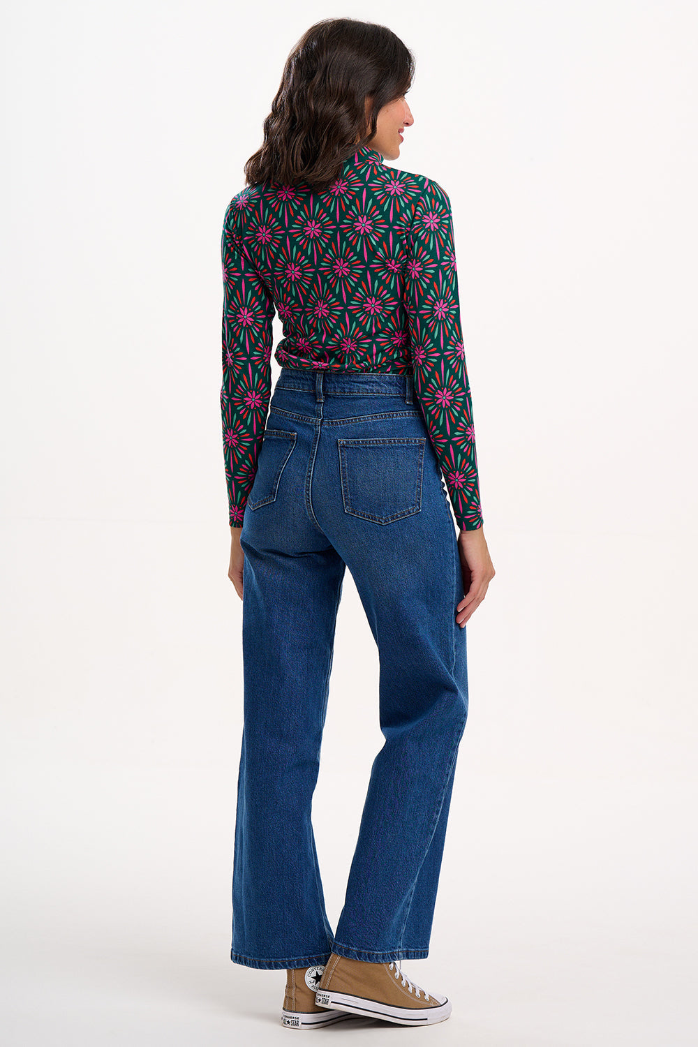 Annika Turtleneck Jersey Top - Green/Multi, Flower Explosion