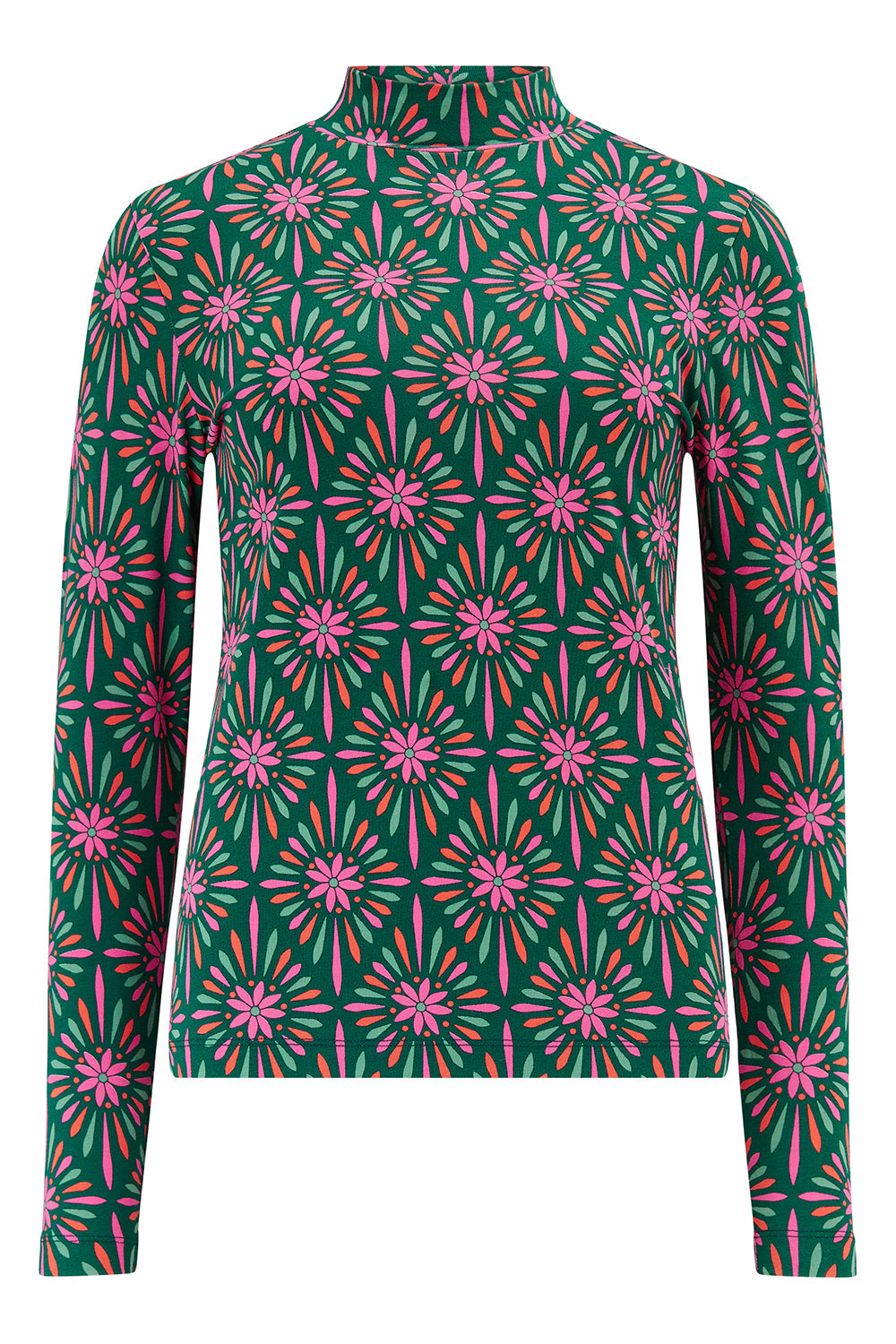 Annika Turtleneck Jersey Top - Green/Multi, Flower Explosion
