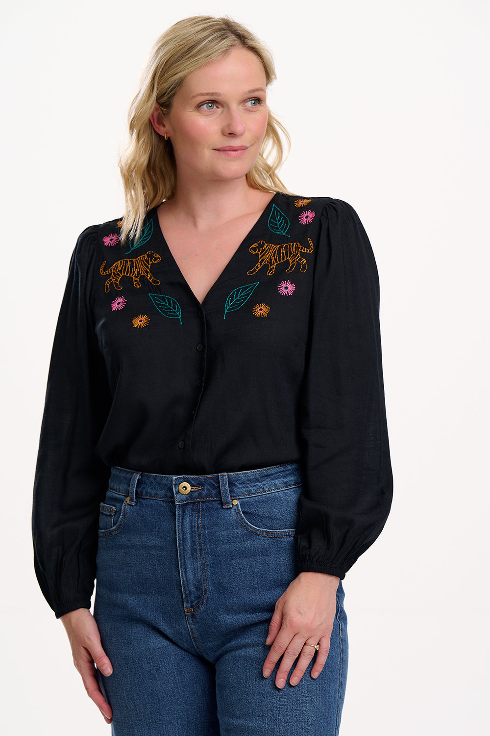 Dawn Blouse - Black, Tiger Embroidery