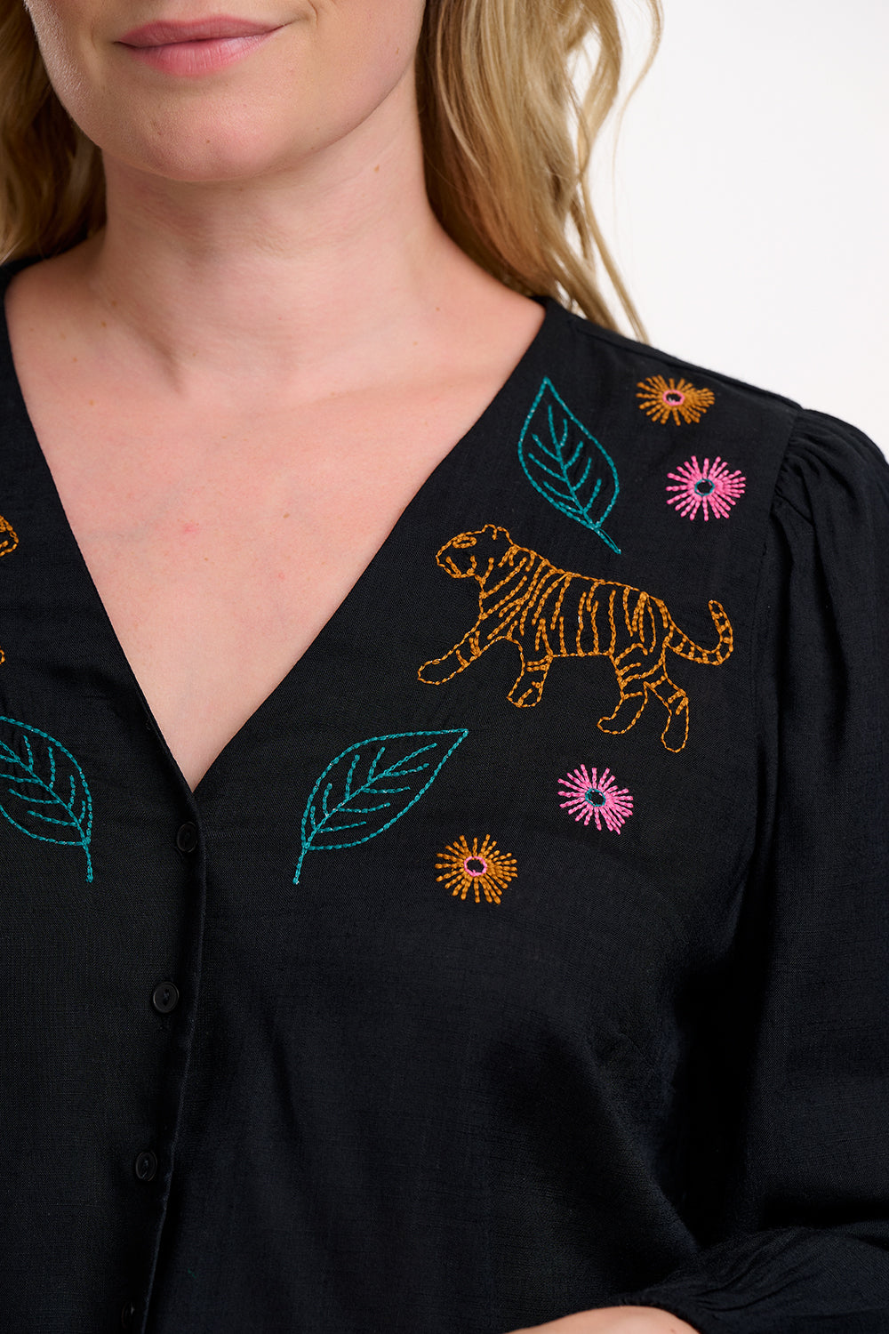 Dawn Blouse - Black, Tiger Embroidery