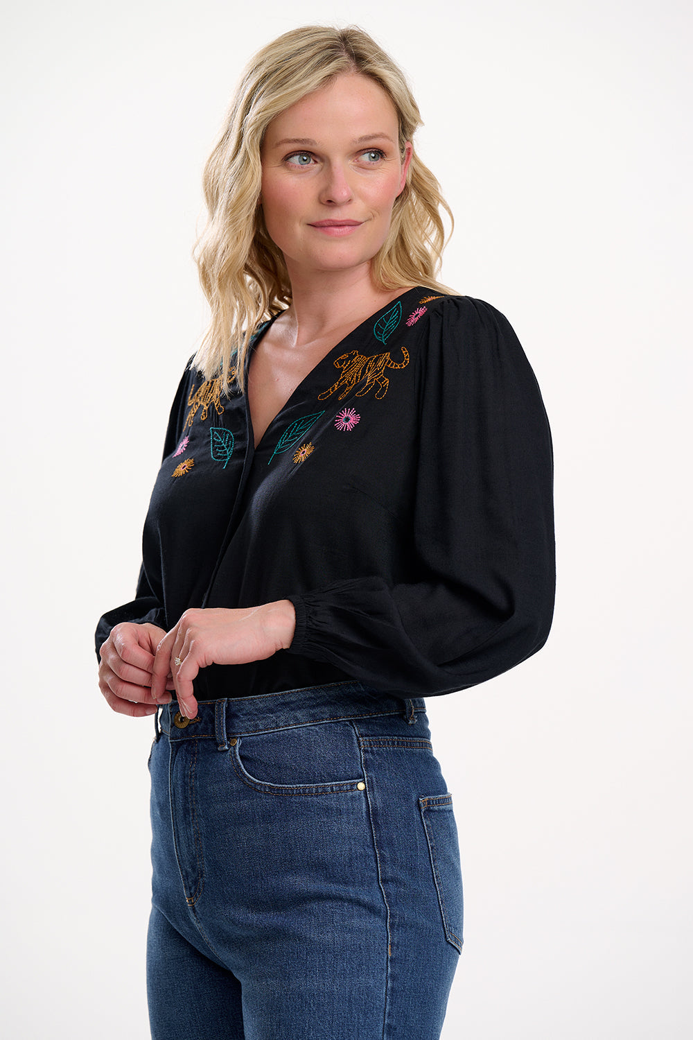 Dawn Blouse - Black, Tiger Embroidery