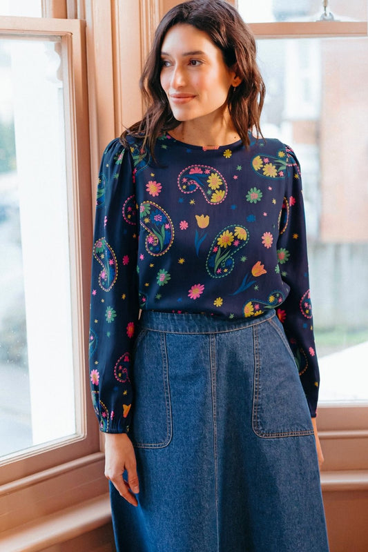 Elaina Blouse - Bright Navy, Blooming Paisley