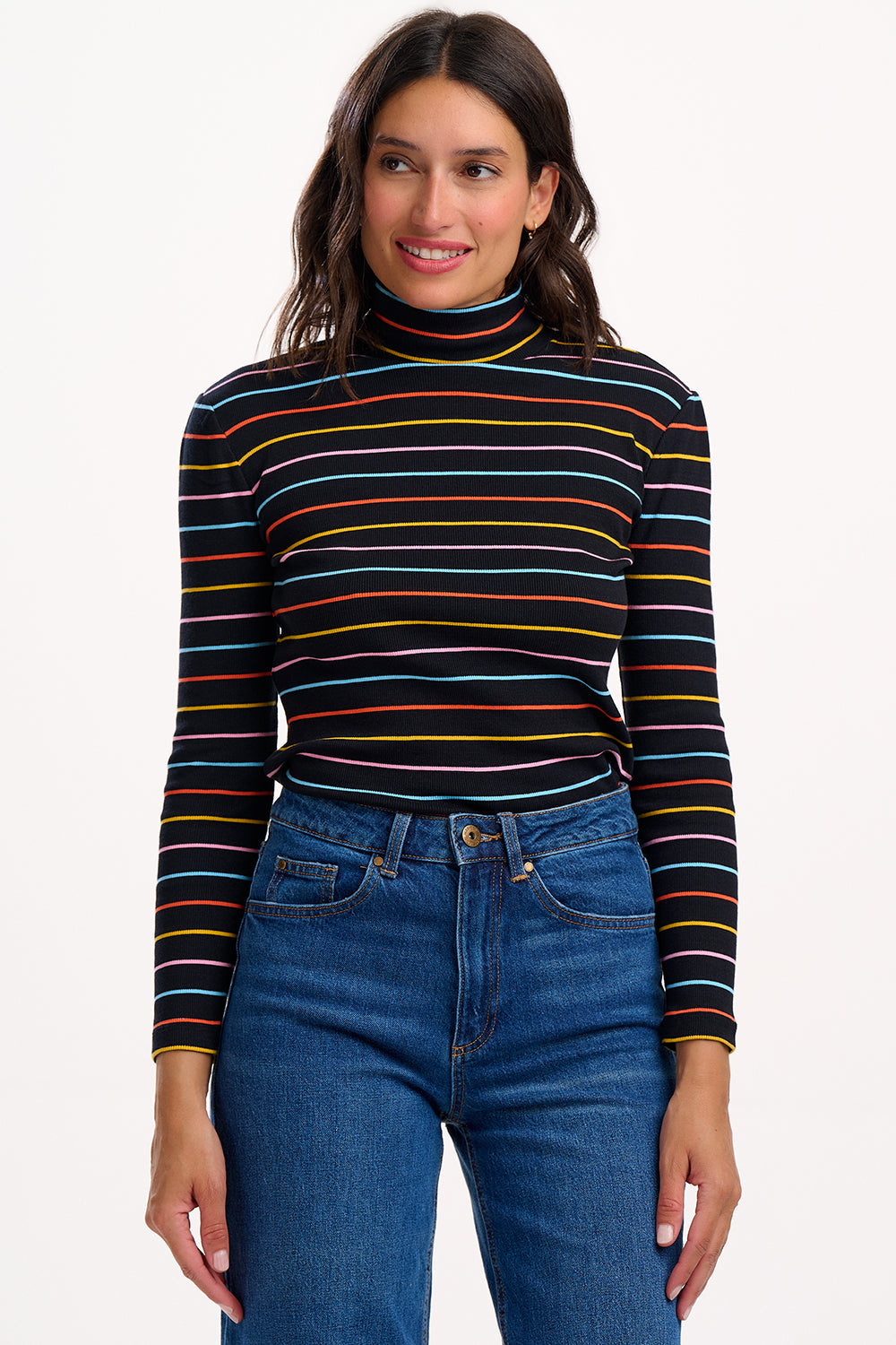 Emmy Turtleneck Jersey Rib Top - Black/Multi, Autumn Rainbow Stripe