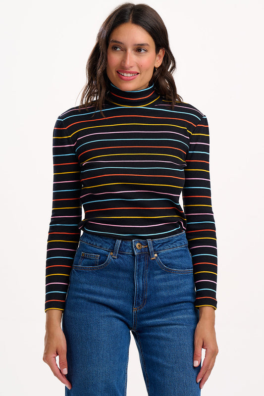 Emmy Turtleneck Jersey Rib Top - Black/Multi, Autumn Rainbow Stripe