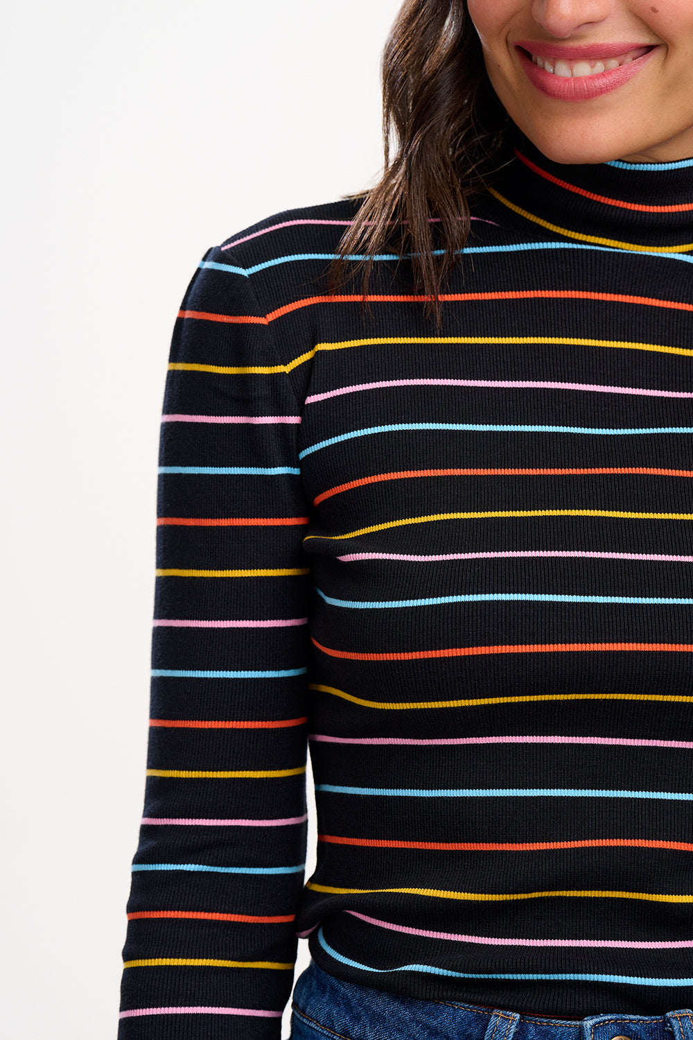 Emmy Turtleneck Jersey Rib Top - Black/Multi, Autumn Rainbow Stripe