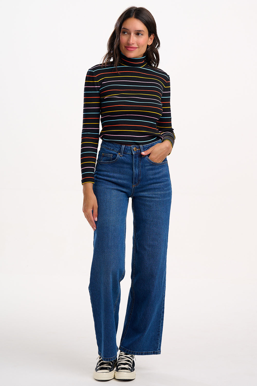 Emmy Turtleneck Jersey Rib Top - Black/Multi, Autumn Rainbow Stripe