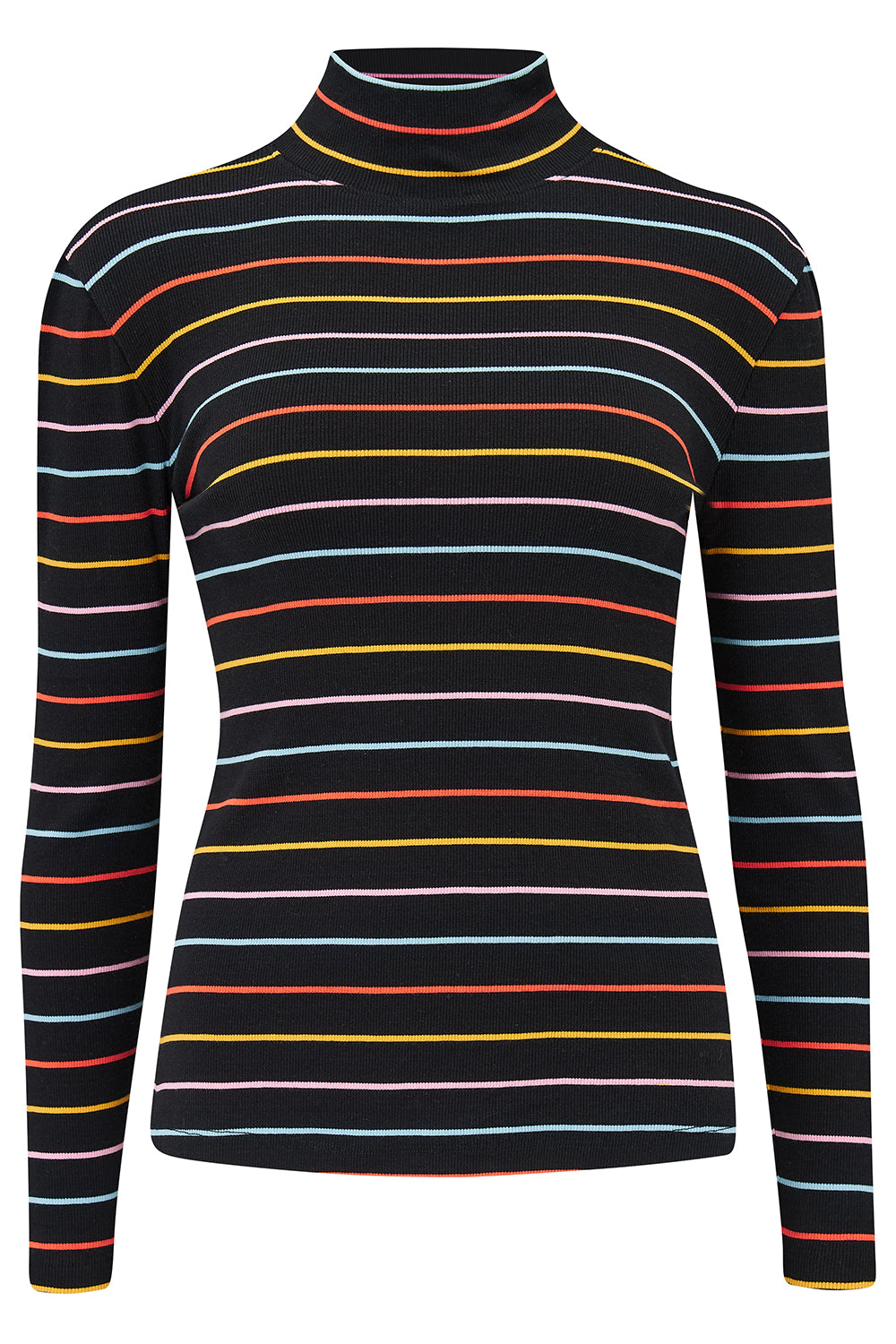 Emmy Turtleneck Jersey Rib Top - Black/Multi, Autumn Rainbow Stripe