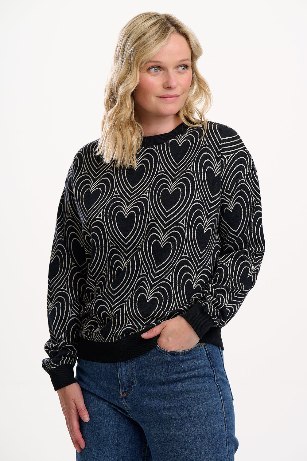 Gerri Jersey Jacquard Top - Black/Off White, Heart Explosion