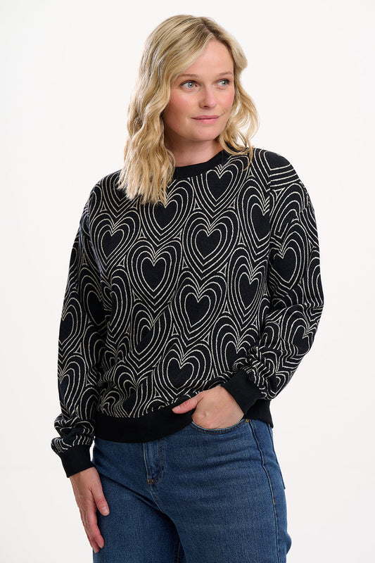 Gerri Jersey Jacquard Top - Black/Off White, Heart Explosion