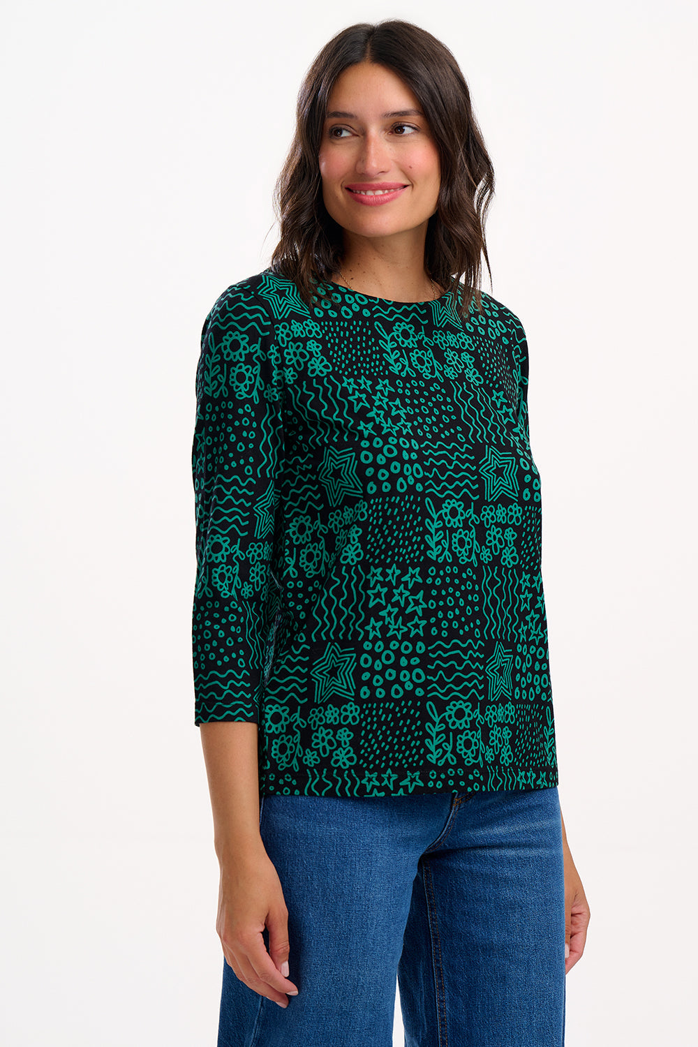 Noor Jersey Top - Black/Green, Doodle Checkerboard