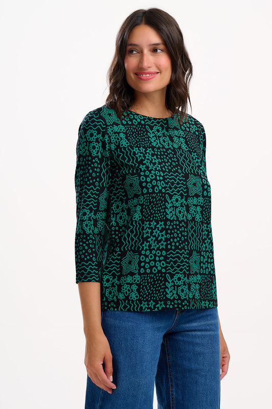 Noor Jersey Top - Black/Green, Doodle Checkerboard