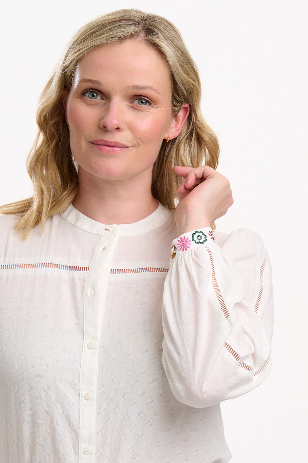 Regina Blouse - Off-White, Floral Cuff