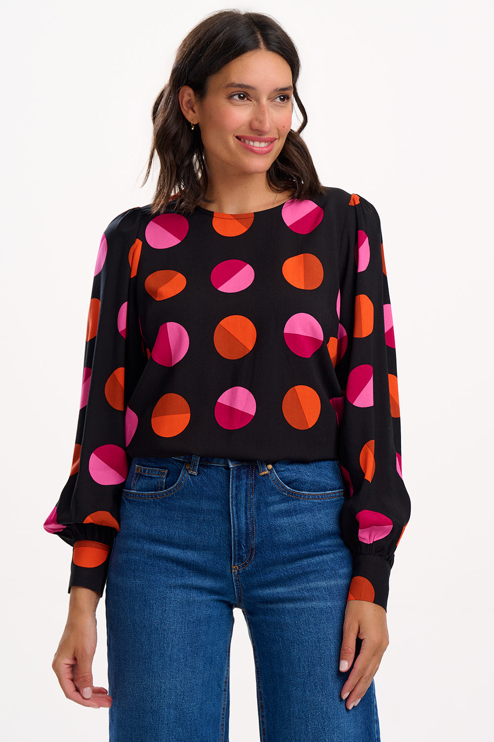 Ronnie Puff Sleeve Top - Black, Split Polka