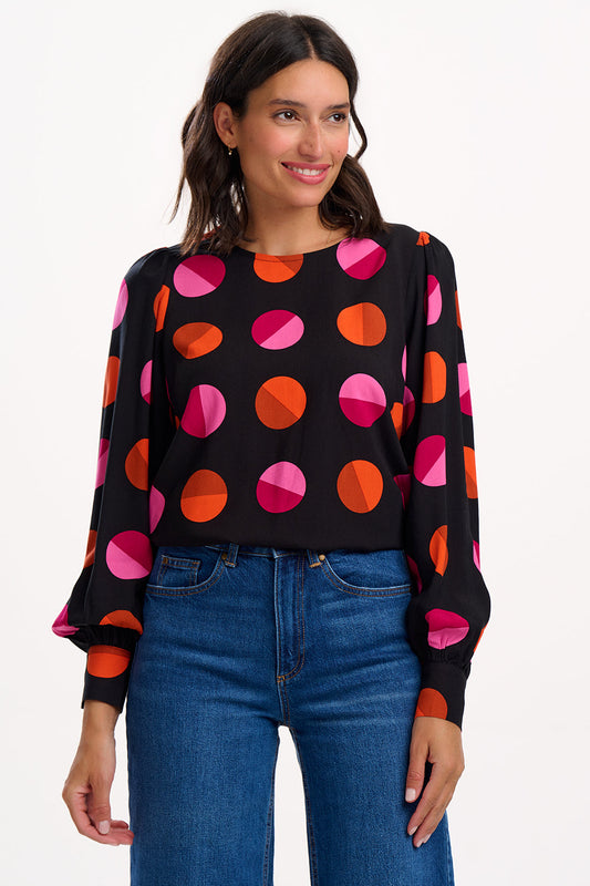 Ronnie Puff Sleeve Top - Black, Split Polka