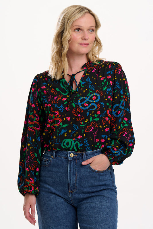 Yvonne Shirred Top - Black, Snake Floral