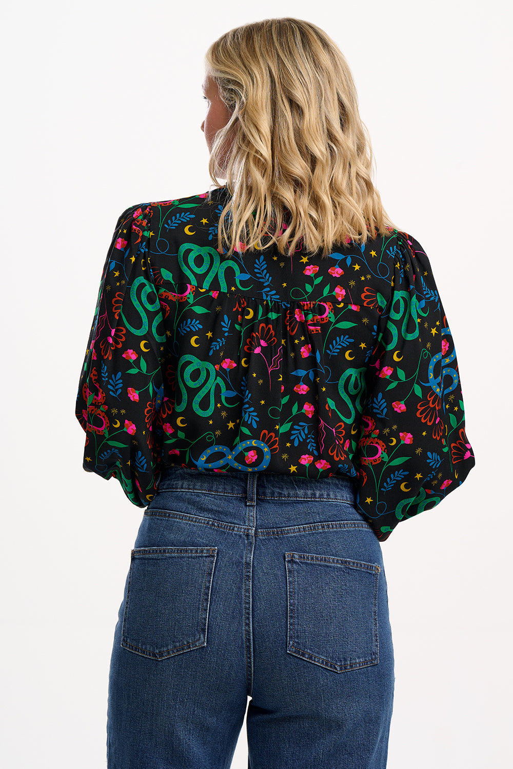 Yvonne Shirred Top - Black, Snake Floral